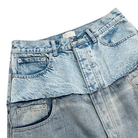 American High Street Design Double Layer Spliced Baggy Denim Trousers Loose Wide Leg Straight Jeans for Men - FITzzE