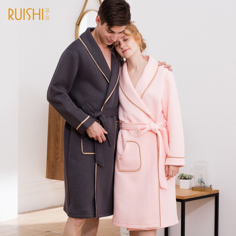 J&Q mall robe warm air cotton sandwich couple pajamas long sleeve drop shipping men and women bathrobe pure cotton nightgown - FITzzE