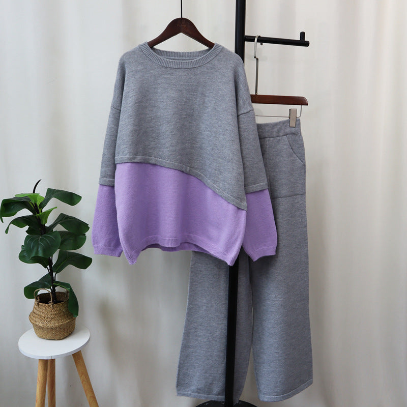 Color Block Knitted Sweater & Wide Leg Pants Set – Cozy Two-Piece Autumn Winter Outfit for Women eprolo