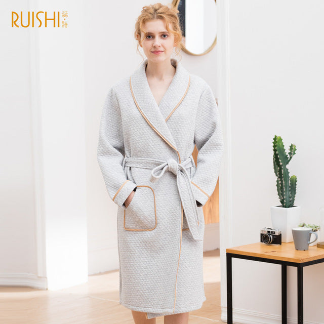 J&Q mall robe warm air cotton sandwich couple pajamas long sleeve drop shipping men and women bathrobe pure cotton nightgown - FITzzE