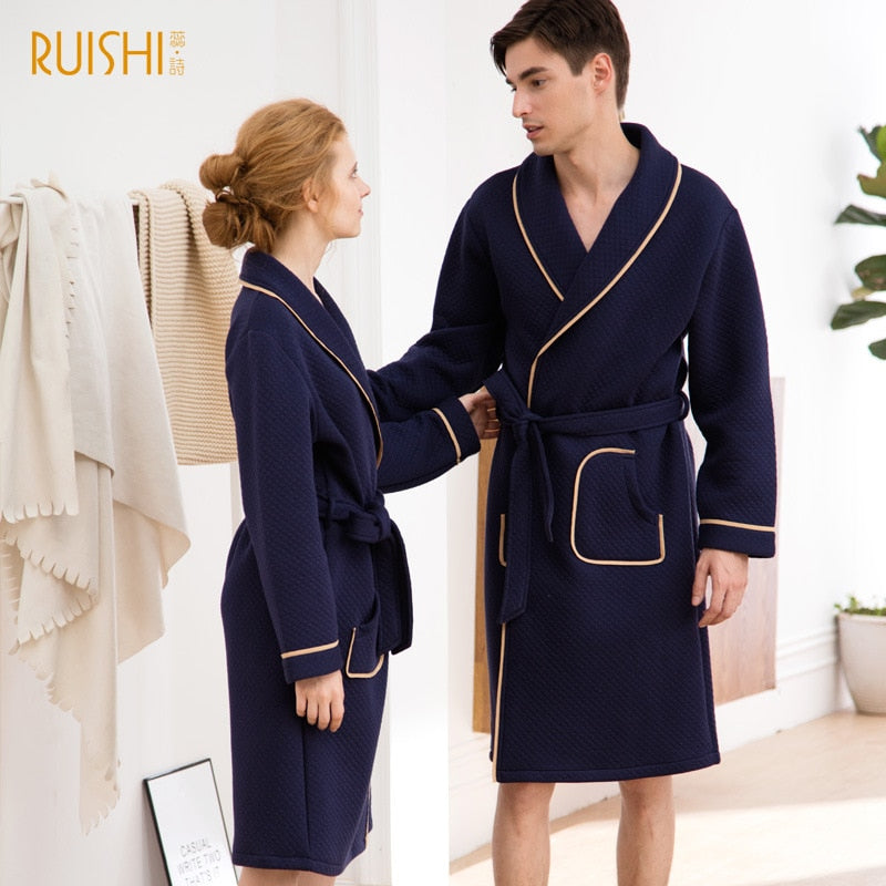 J&Q mall robe warm air cotton sandwich couple pajamas long sleeve drop shipping men and women bathrobe pure cotton nightgown - FITzzE