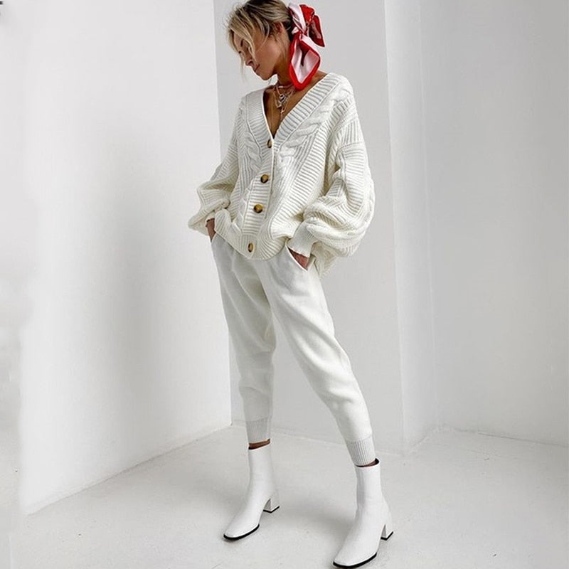 2-piece knit set for women pattern v-neck cardigan + pants trousers knitted suit tracksuit - FITzzE