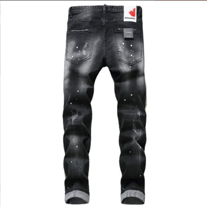 Black and gray paint with torn holes wild zipper decoration personalized new jeans for men - FITzzE
