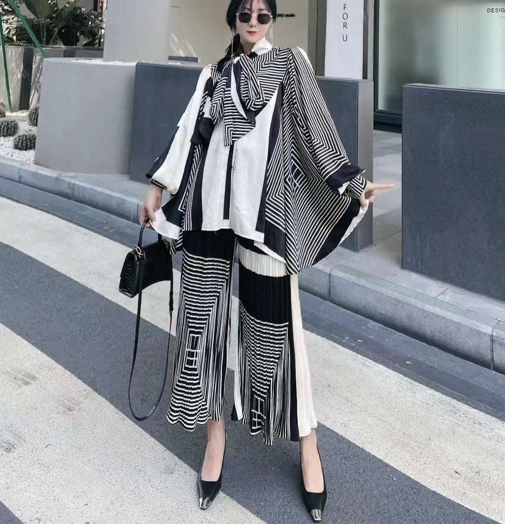 Silhouette cut lantern sleeves butterfly tie flowy belted printed trousers suit - FITzzE