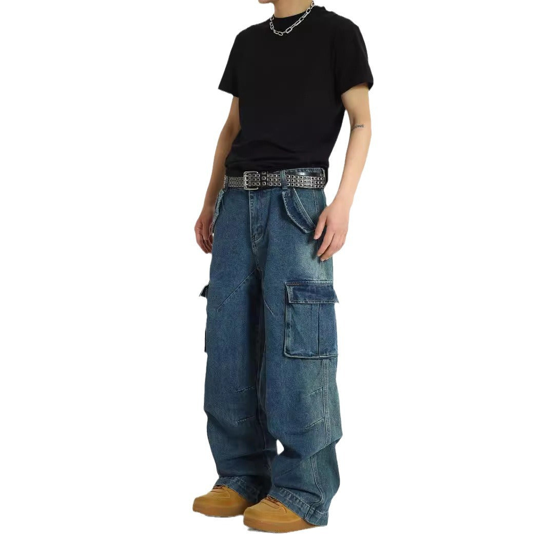 American retro multi pocket heavy-duty jeans men's washed and worn pants street hip-hop high waisted straight leg work pants - FITzzE