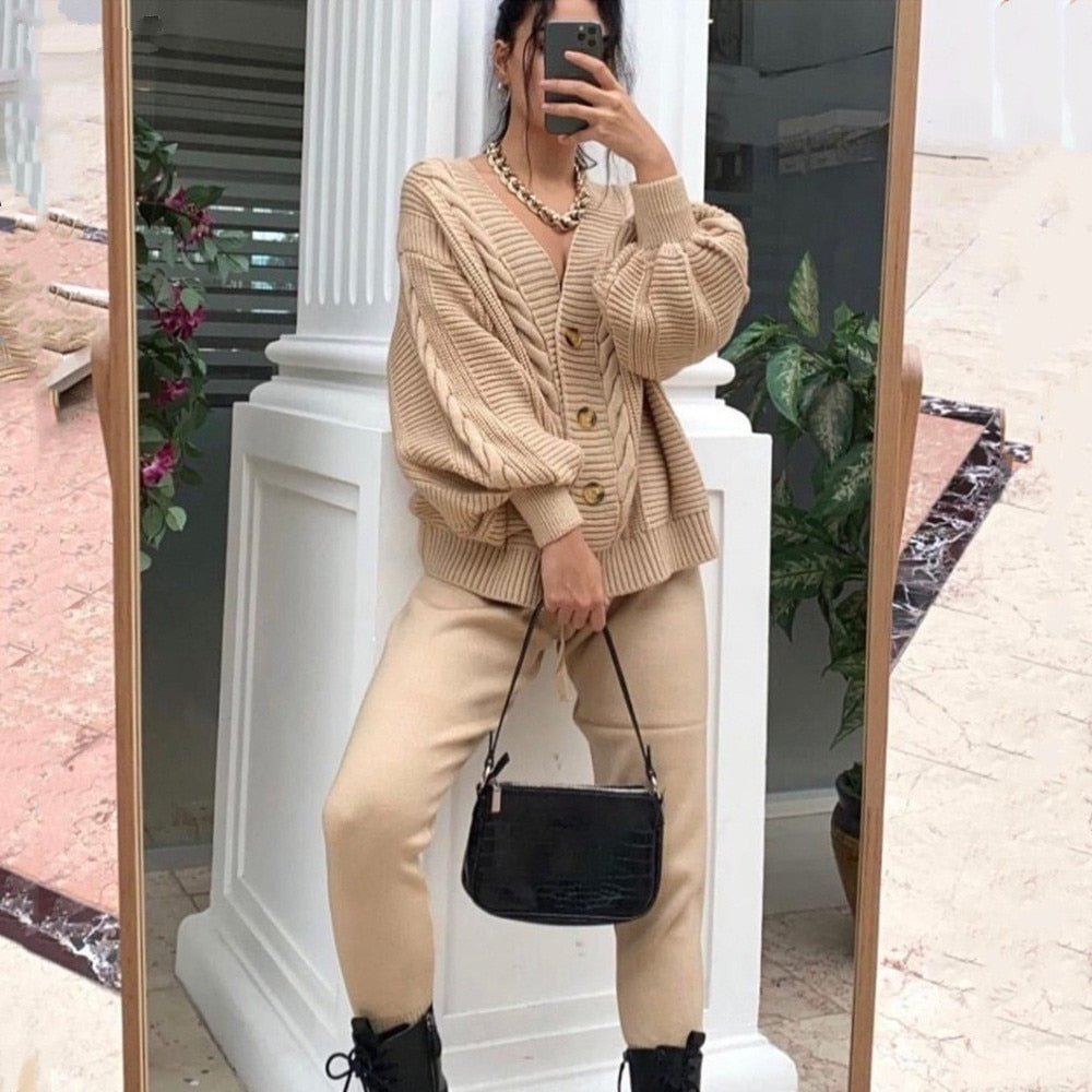 2-piece knit set for women pattern v-neck cardigan + pants trousers knitted suit tracksuit - FITzzE