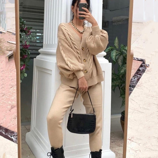 2-piece knit set for women pattern v-neck cardigan + pants trousers knitted suit tracksuit - FITzzE