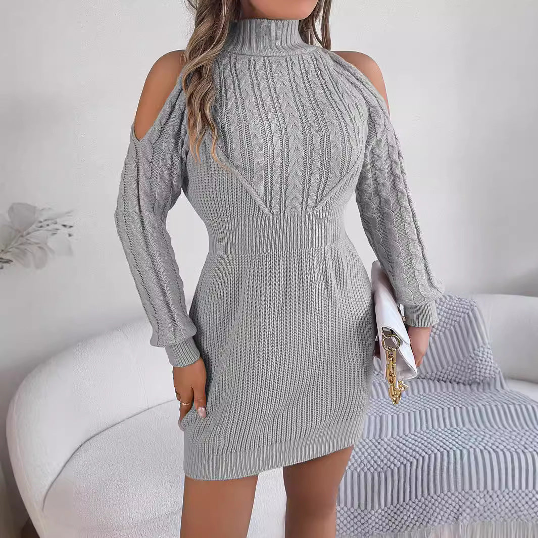 Women’s Autumn/Winter Casual Off-Shoulder Sweater Dress – Half-High Collar with Twisted Lantern Sleeves & Hip-Wrapped Design eprolo