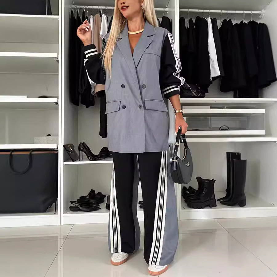 Fitzze Women’s Patchwork Double-Breasted Suit – Loose Fit Long-Sleeve Two-Piece Set eprolo