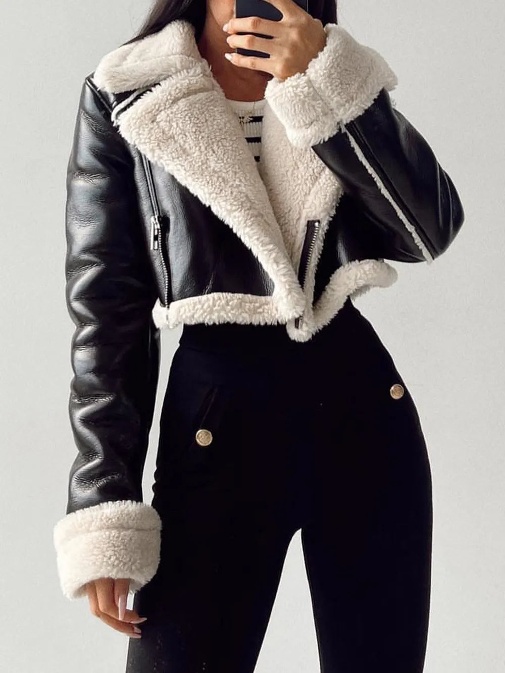 Collared Neck Plush Cropped Jacket ,Cozy Long Sleeve Outerwear for a Chic Winter Look - FITzzE
