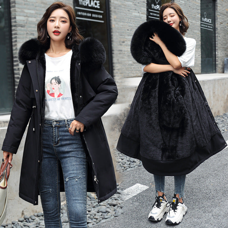 Korean version of long and medium length big fur collar with fleece jacket cotton jacket for women's fashion - FITzzE