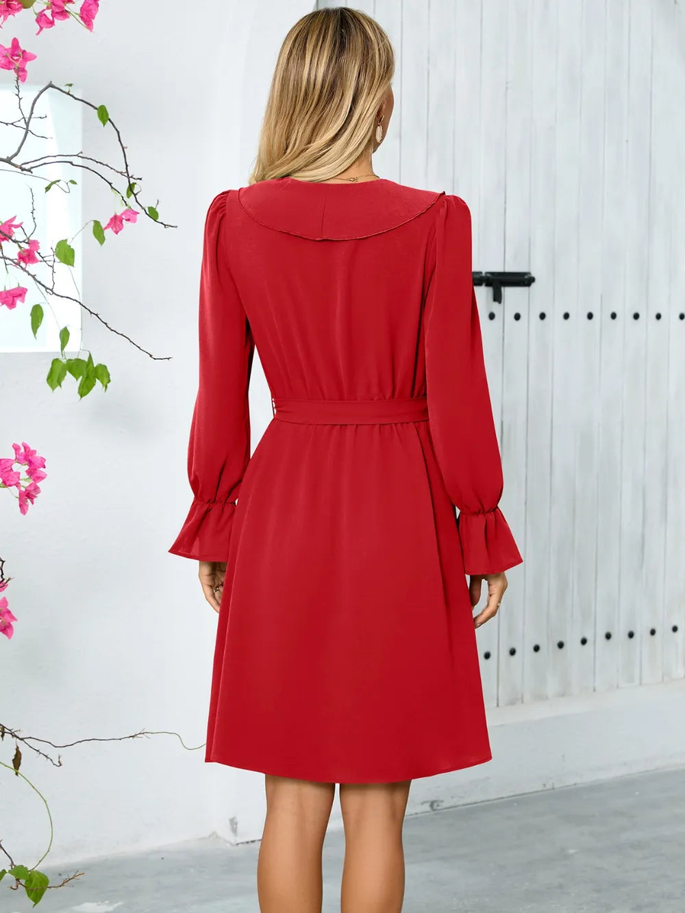 Ruffled V-Neck Flounce Sleeve Dress -Elegant and Feminine Style for Any Occasion - FITzzE