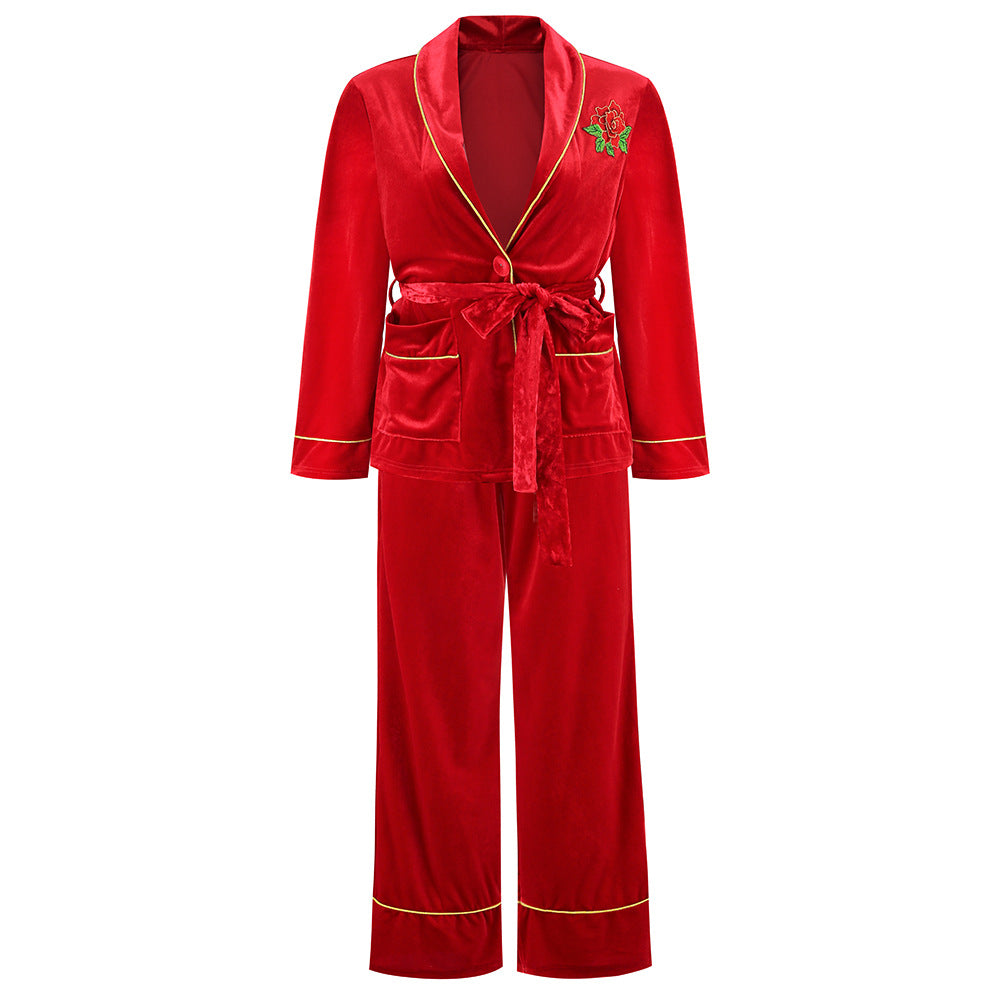 Korean Velvet Rose Embroidered Gold Pocket Home Suit Blouse Trousers Pajamas Woman - FITzzE