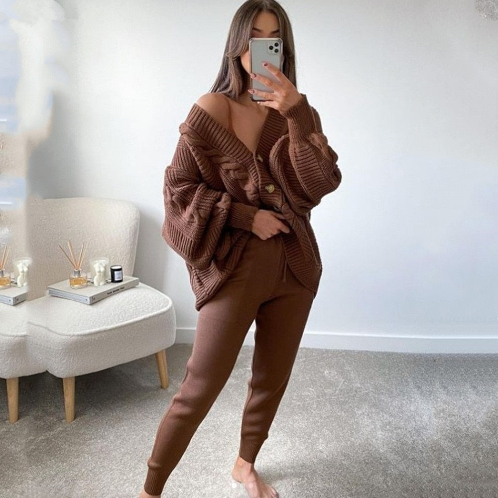 2-piece knit set for women pattern v-neck cardigan + pants trousers knitted suit tracksuit - FITzzE