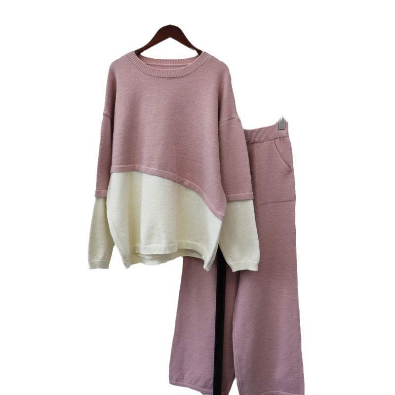 Color Block Knitted Sweater & Wide Leg Pants Set – Cozy Two-Piece Autumn Winter Outfit for Women eprolo