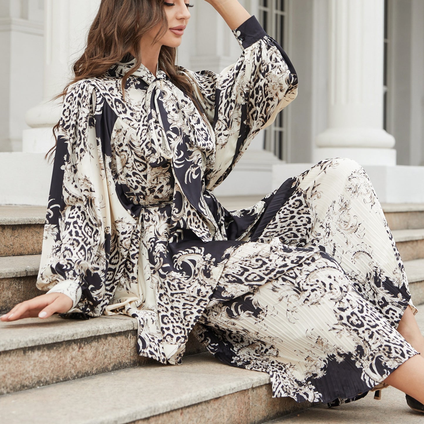 Silhouette cut lantern sleeves butterfly tie flowy belted printed trousers suit - FITzzE