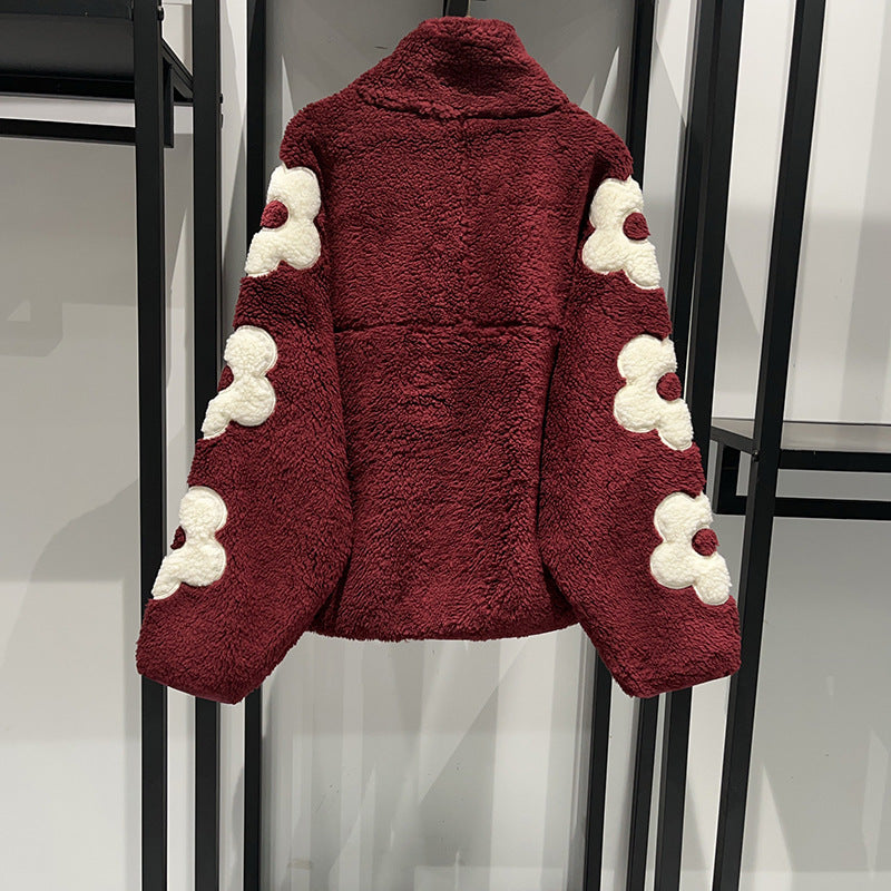 Autumn and Winter Puff Flower Patch Embroidery Half High Collar Zipper Shake Fleece Teddy Coat - FITzzE