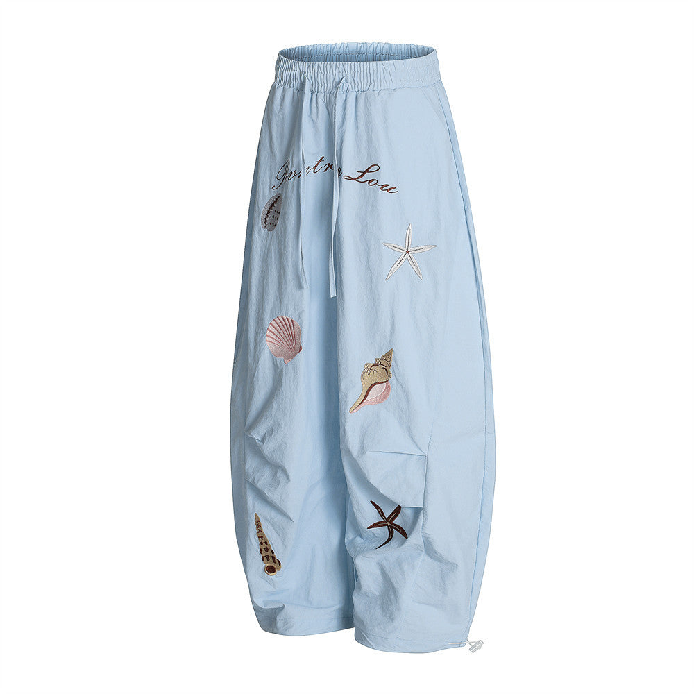 Wide-Leg Scissors Casual Pants with Pleated Design, Fun Conch Shell Embroidery, Loose-Fit Long Trousers for Men - FITzzE