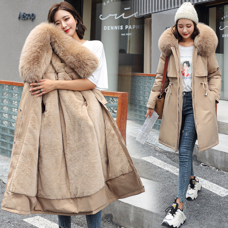 Korean version of long and medium length big fur collar with fleece jacket cotton jacket for women's fashion - FITzzE
