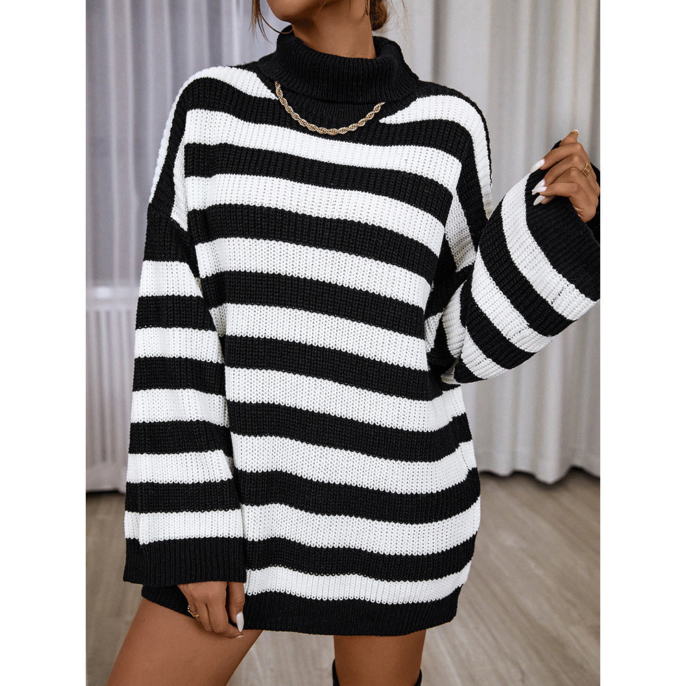 Autumn And Winter Women's Striped Sweater Casual Long-Sleeved Half Turtleneck Loose Sweater Women - FITzzE