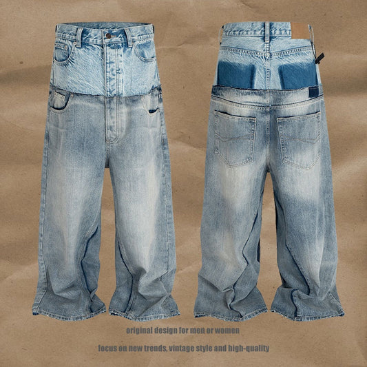 American High Street Design Double Layer Spliced Baggy Denim Trousers Loose Wide Leg Straight Jeans for Men - FITzzE
