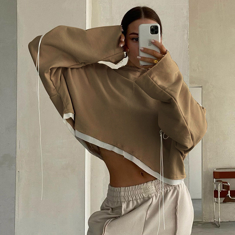 New Autumn Tops Personality Trend Contrast Color Straps Casual Loose Short Style Cropped Sweater Women - FITzzE