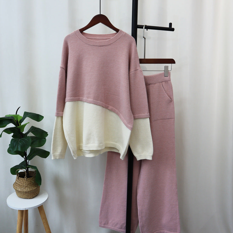 Color Block Knitted Sweater & Wide Leg Pants Set – Cozy Two-Piece Autumn Winter Outfit for Women eprolo
