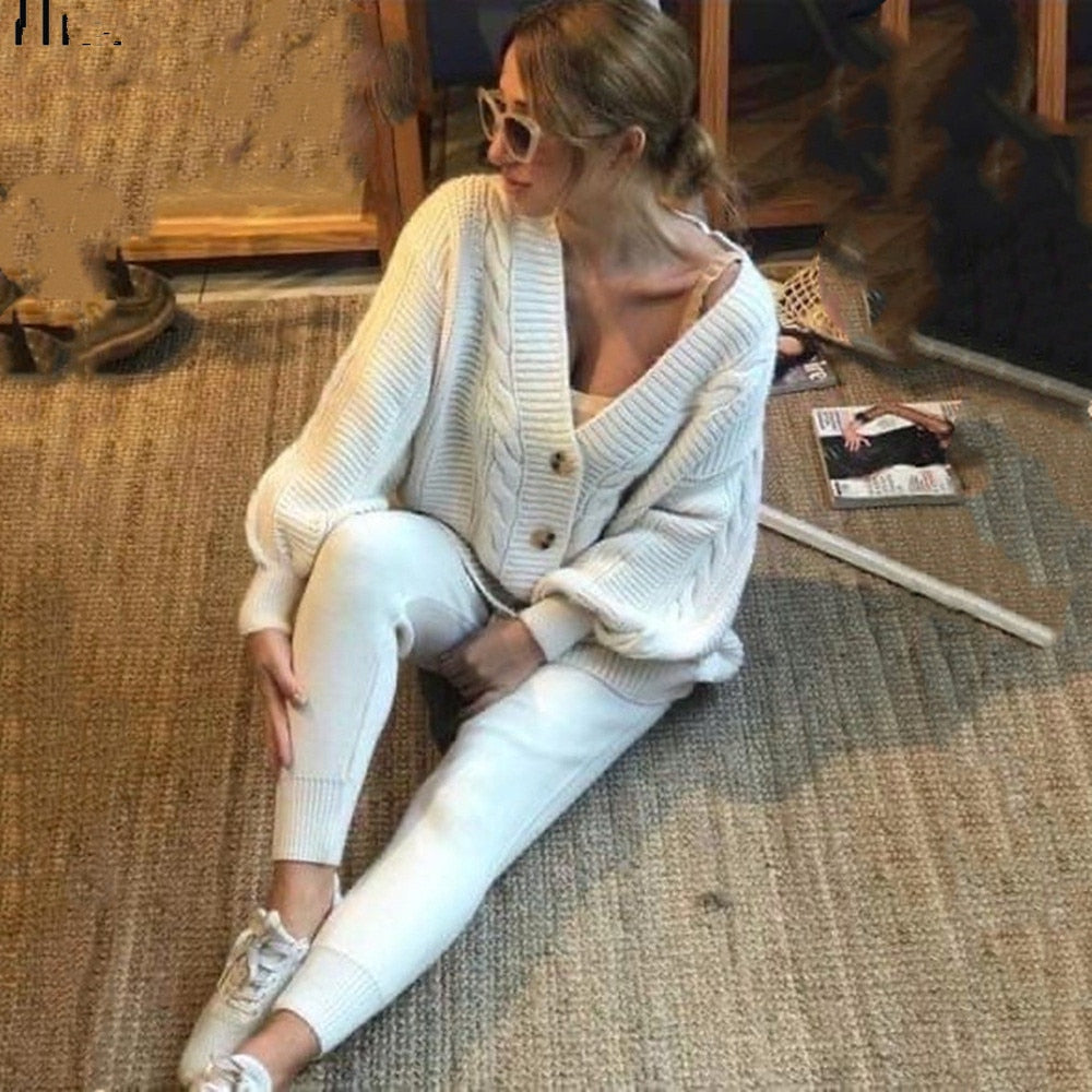 2-piece knit set for women pattern v-neck cardigan + pants trousers knitted suit tracksuit - FITzzE