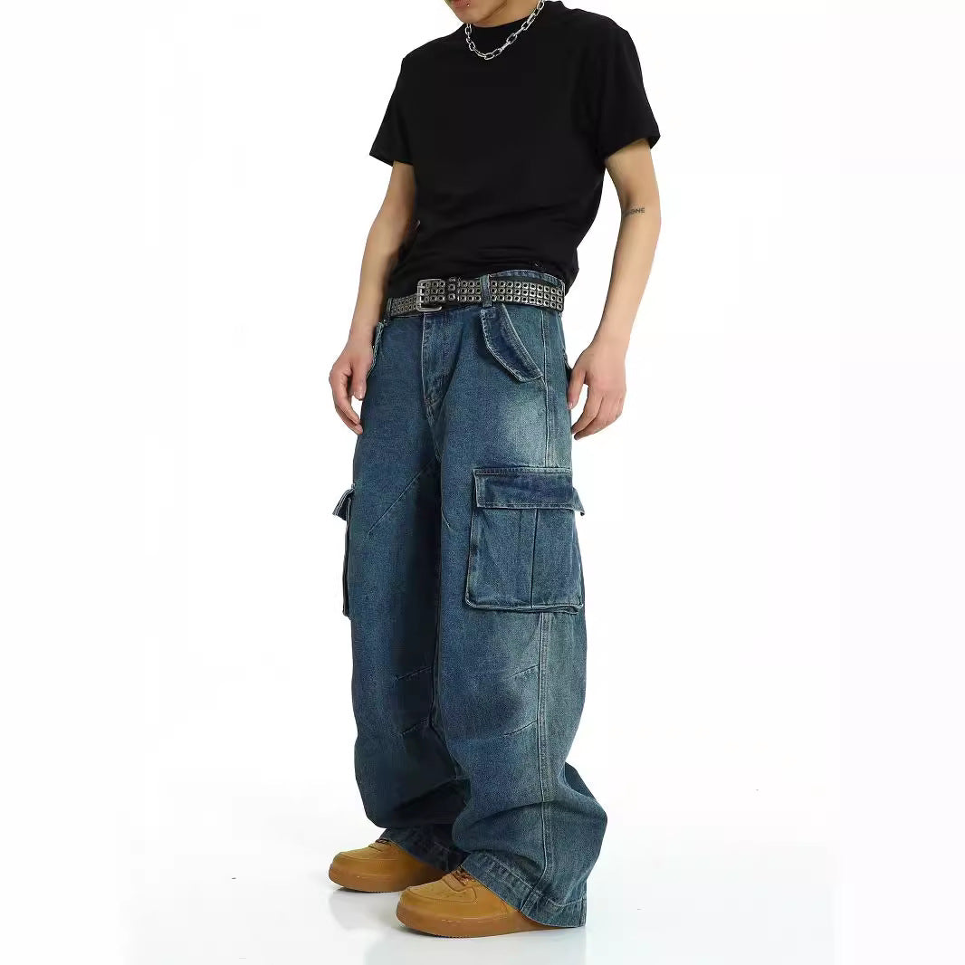 American retro multi pocket heavy-duty jeans men's washed and worn pants street hip-hop high waisted straight leg work pants - FITzzE