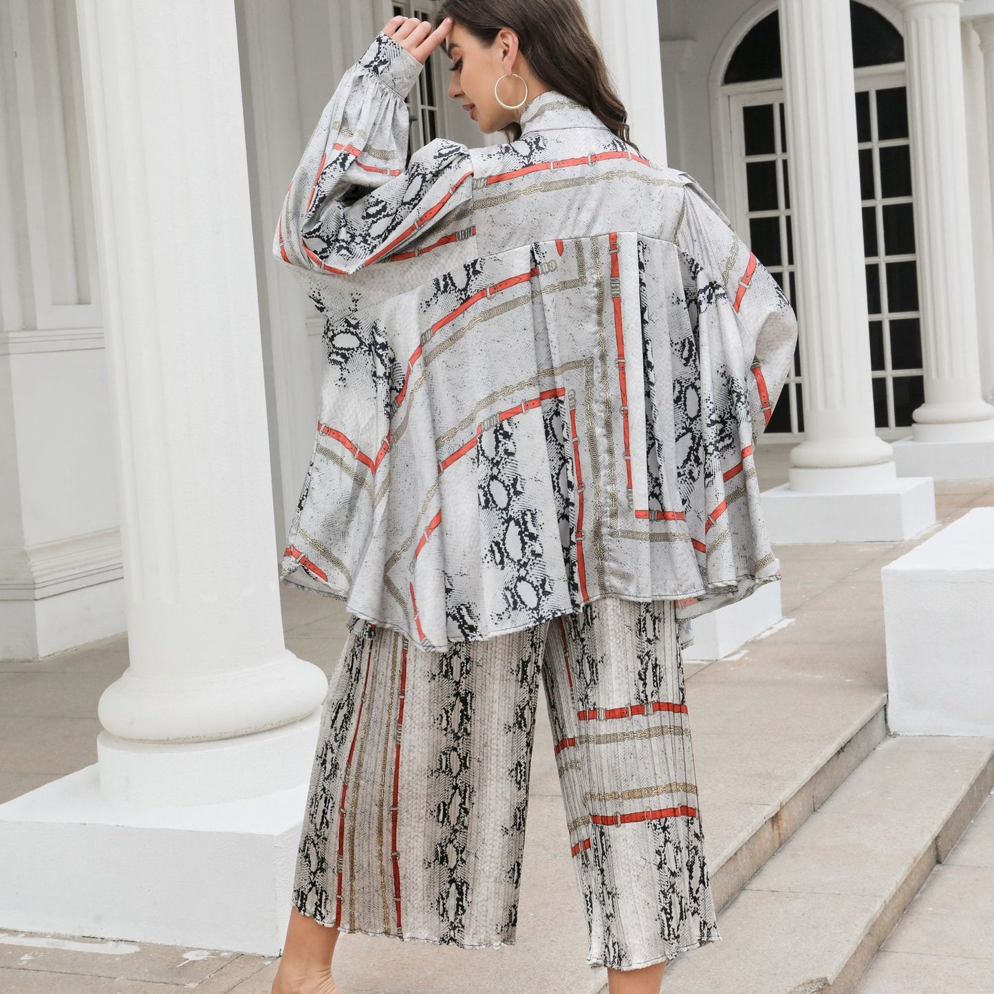 Silhouette cut lantern sleeves butterfly tie flowy belted printed trousers suit - FITzzE