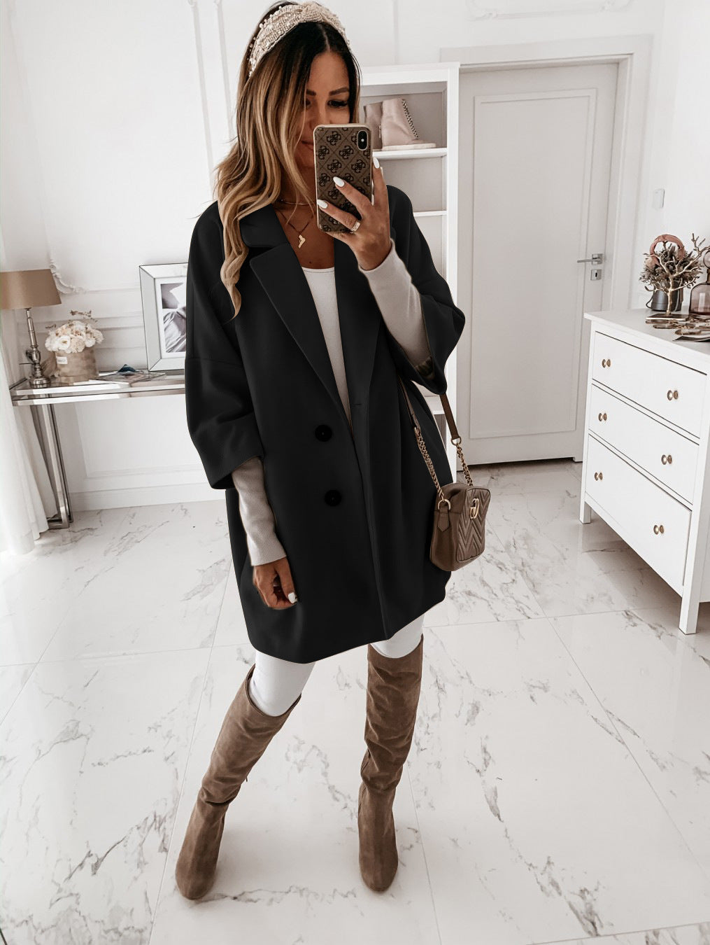 New Autumn And Winter Three Quarter Sleeve Button Lapel Pocket Woolen Coat Women - FITzzE