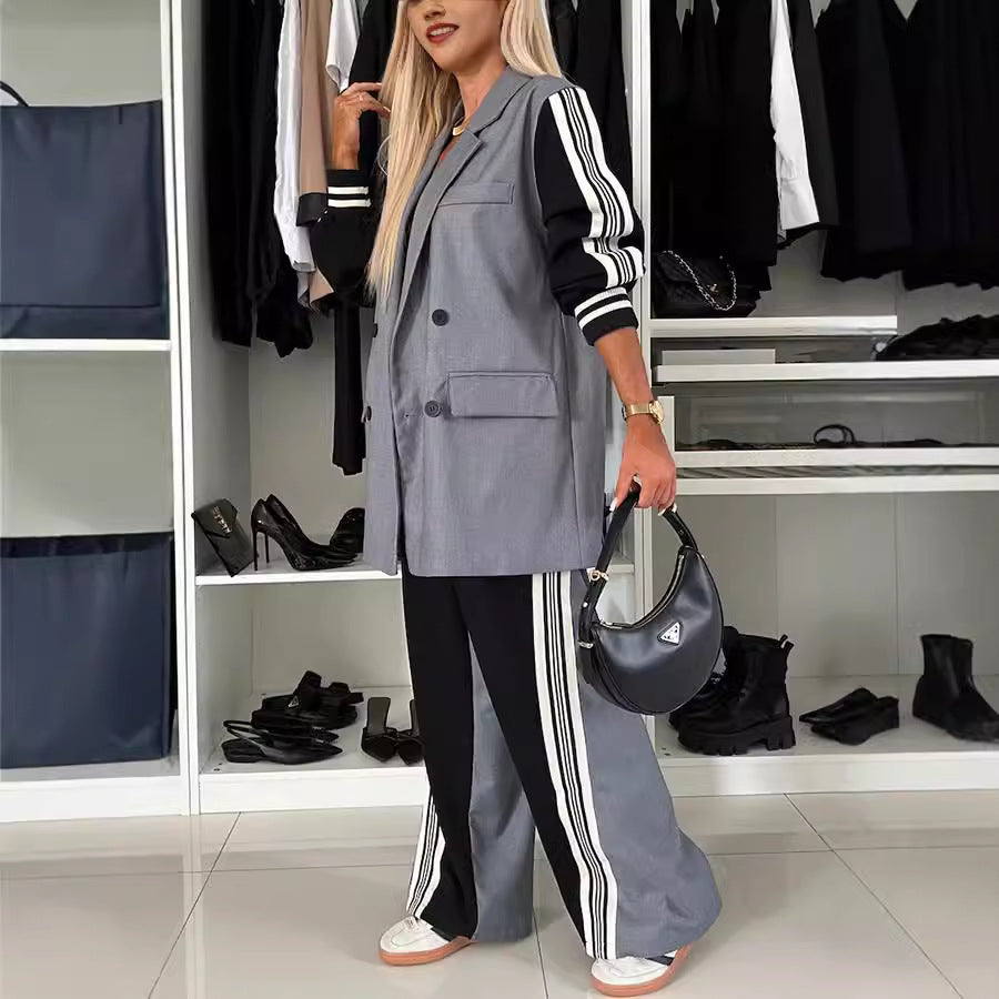 Fitzze Women’s Patchwork Double-Breasted Suit – Loose Fit Long-Sleeve Two-Piece Set eprolo