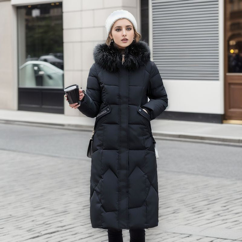 Cotton padded clothes women's middle and long style, slim fit, knee length cotton padded clothes, large wool collar and thick cotton padded jacket - FITzzE