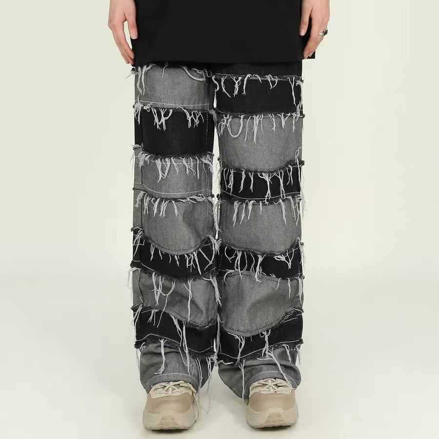 Tassel patchwork jeans men's pants American armband style gradient pants high street ins trendy beggar pants - FITzzE