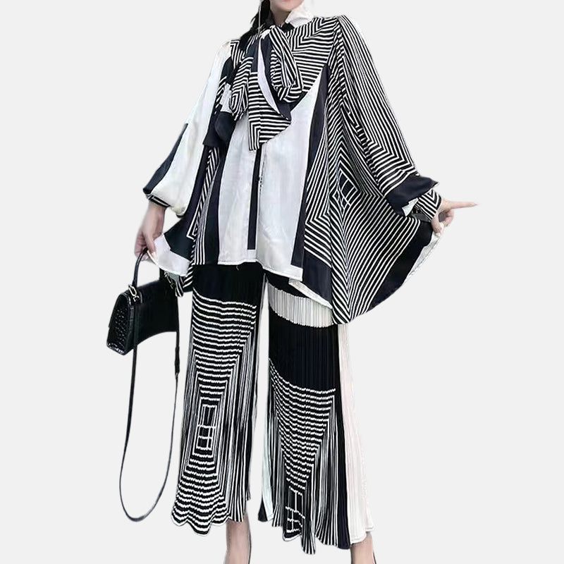 Silhouette cut lantern sleeves butterfly tie flowy belted printed trousers suit - FITzzE