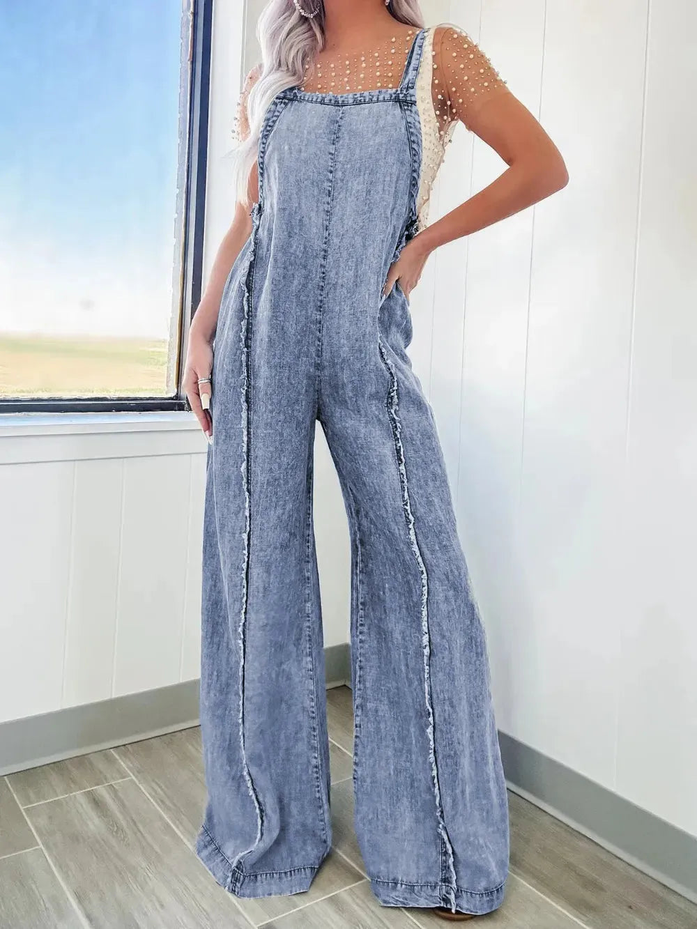 Exposed Seam Washed Wide Leg Denim Overalls – Vintage-Inspired Street Style with Modern Comfort eprolo