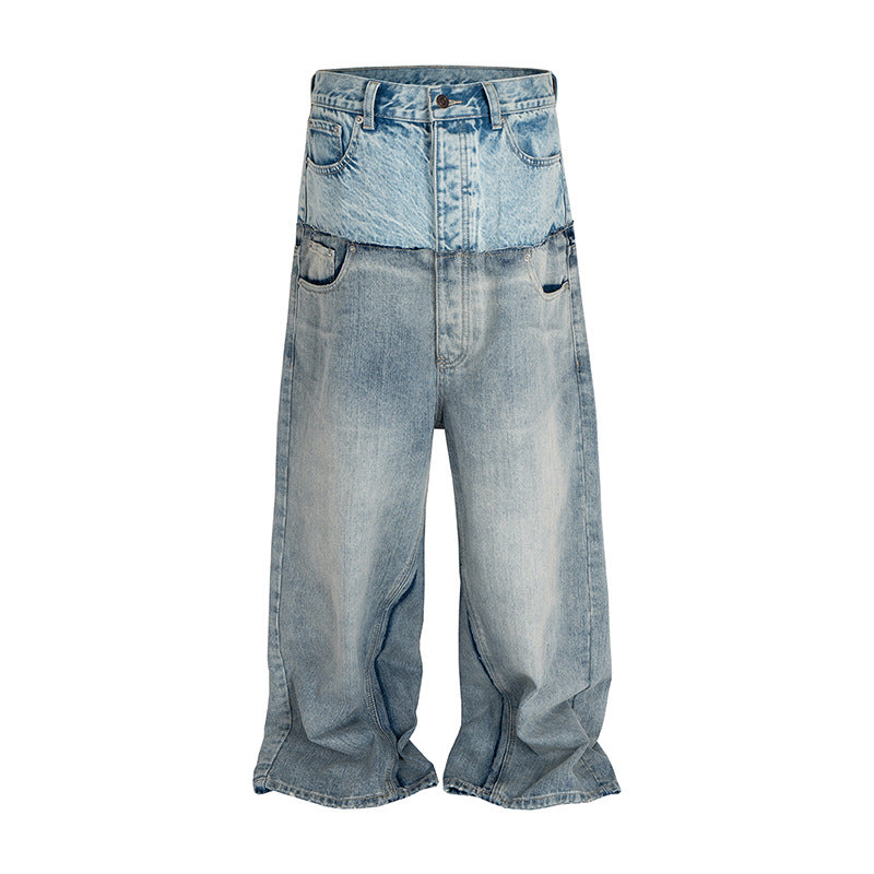 American High Street Design Double Layer Spliced Baggy Denim Trousers Loose Wide Leg Straight Jeans for Men - FITzzE