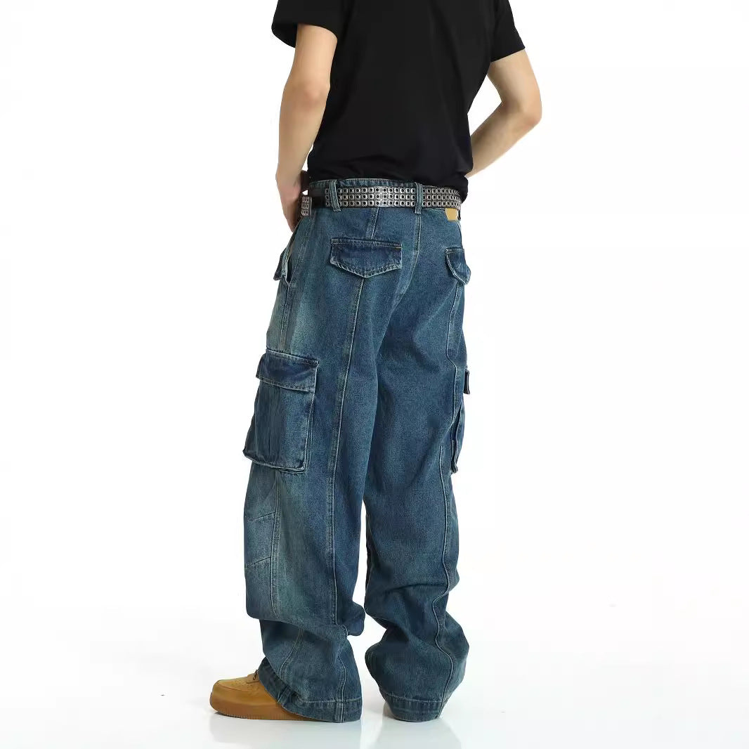 American retro multi pocket heavy-duty jeans men's washed and worn pants street hip-hop high waisted straight leg work pants - FITzzE
