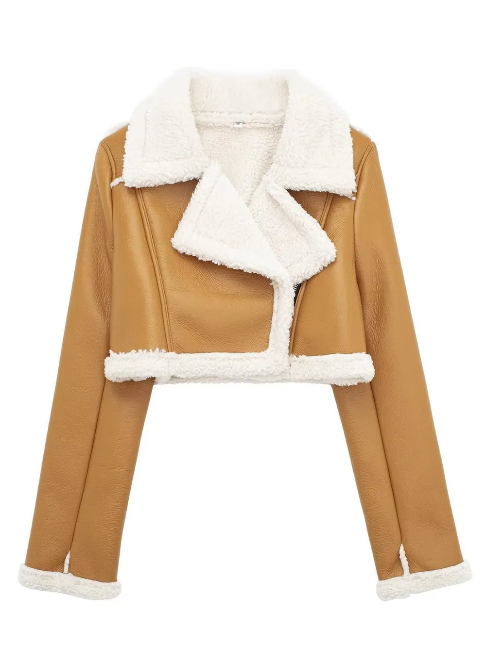 Collared Neck Plush Cropped Jacket ,Cozy Long Sleeve Outerwear for a Chic Winter Look - FITzzE