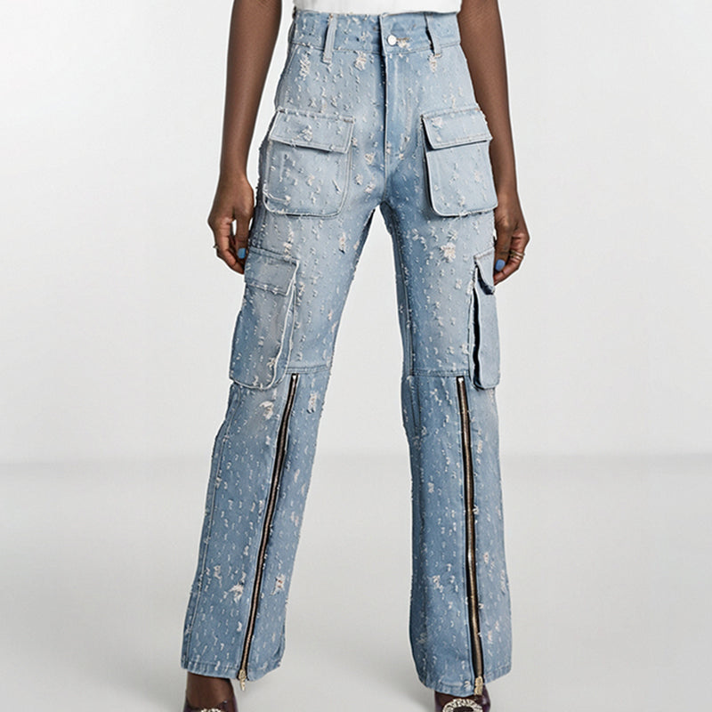 Autumn Trend Blue Ripped Distressed Multi-Pocket High Waist Denim Overalls – Street Style Essential for Women eprolo