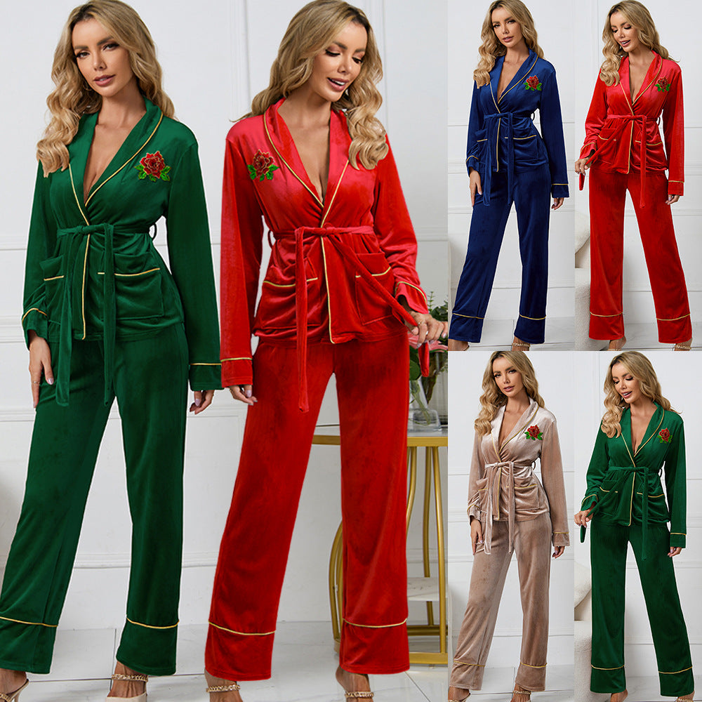 Korean Velvet Rose Embroidered Gold Pocket Home Suit Blouse Trousers Pajamas Woman - FITzzE