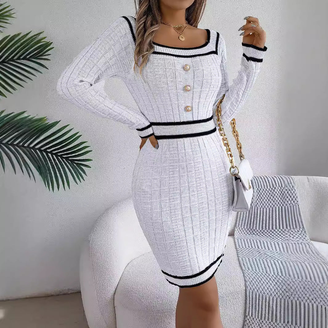 Women’s Autumn/Winter Elegant Sweater Dress – European & American Style Square Collar Button Long Sleeve Hip Dress eprolo