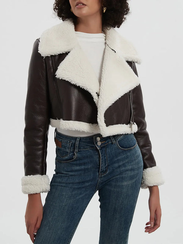 Collared Neck Plush Cropped Jacket ,Cozy Long Sleeve Outerwear for a Chic Winter Look - FITzzE