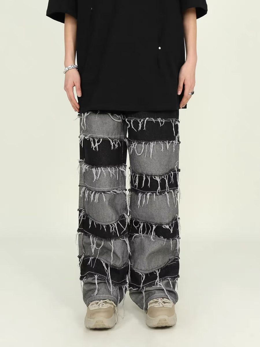 Tassel patchwork jeans men's pants American armband style gradient pants high street ins trendy beggar pants - FITzzE