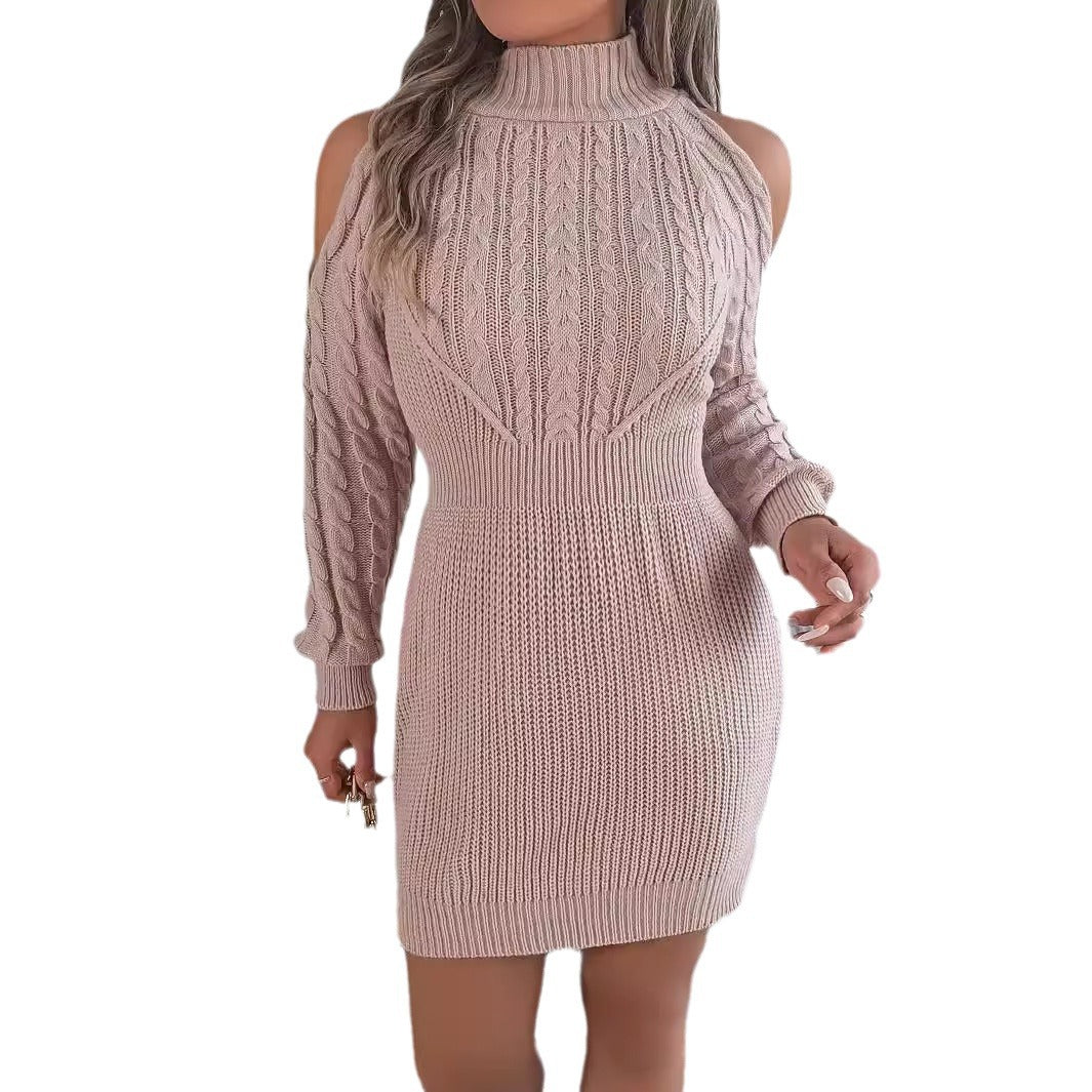 Women’s Autumn/Winter Casual Off-Shoulder Sweater Dress – Half-High Collar with Twisted Lantern Sleeves & Hip-Wrapped Design eprolo