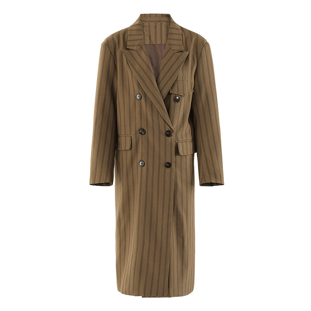 Women’s Double-Breasted Long Over-the-Knee Coat – Loose Silhouette Striped Contrast Top in Khaki eprolo