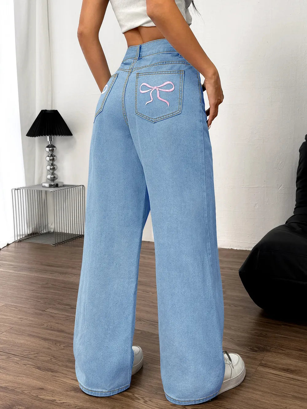 Embroidered Bow Back Wide Leg Jeans ,Elegant High-Waist Denim with Feminine Charm - FITzzE