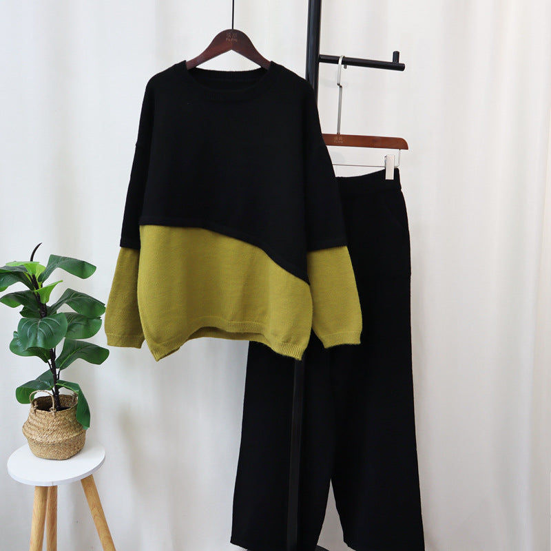 Color Block Knitted Sweater & Wide Leg Pants Set – Cozy Two-Piece Autumn Winter Outfit for Women eprolo