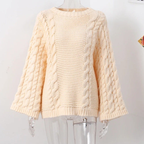 European & American INS Popular Round Neck Flared Sleeve Knitted Sweater – Loose & Cozy Autumn/Winter Top for Women eprolo