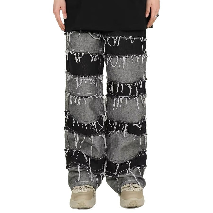 Tassel patchwork jeans men's pants American armband style gradient pants high street ins trendy beggar pants - FITzzE